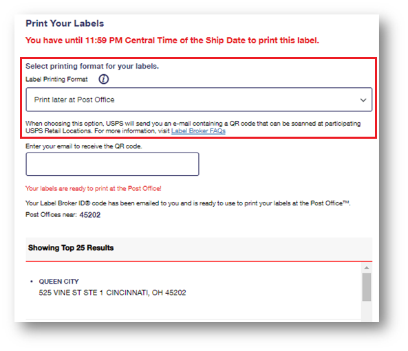 Screenshot of the Click-N-Ship Payment Confirmation page. On the left side of the image is the "Print Your Labels" column. A yellow caution symbol indicates to the customer that they "will have until 11:59 PM Central Time of the Ship Date to print this label." The first two options after that are to print labels now with a receipt and to print labels now without a receipt. The third option, which is highlighted for this screenshot, is "Print labels later at the Post Office. A Label Broker ID code will be sent to you that you can use to print your labels at the Post Office. When choosing this option, USPS will send you an email containing a Label Broker ID code that can be scanned at participating USPS Retail locations. For more information visit Label Broker FAQs." A text field below is where the customer enters their email address. A button below is to "Send Code".