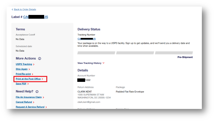 Screenshot of the Click-N-Ship Label Details page.