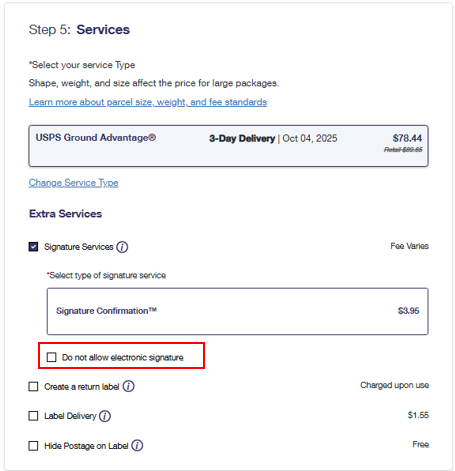 Screenshot of Electronic Signature Online Opt Out for Signature Confirmation on a Priority Mail Express