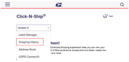 Screenshot of the mobile, landscape view of the Click-N-Ship homepage. Under the text "Click-N-Ship®" in the top right corner is a dropdown of links to different tools and sections of the CNS application. Focus is on the "Shipping History" link, which is listed second and is under the "Label Manager" link.