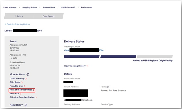 Screenshot of the Label Details page. Under a link "Back to Shipping History" and the Label Number is a gray column. Under the Terms for the label is More Actions. Listed among the available action is "Print at the Post Office", which is being focused on.
