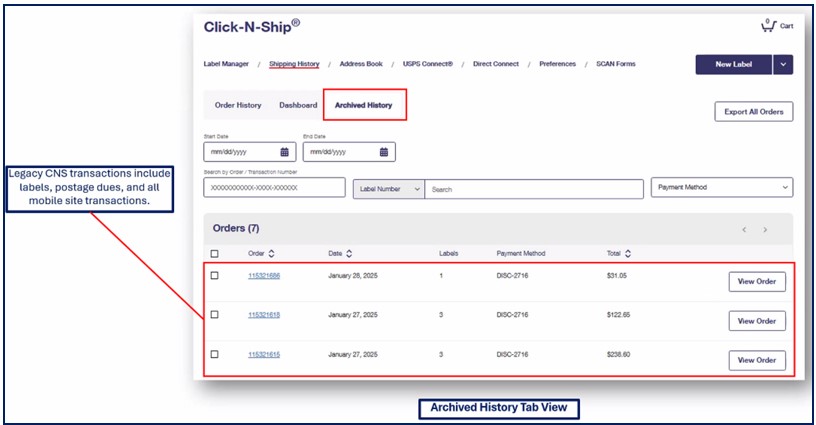 Screenshot of Click-N-Ship Archived History tab