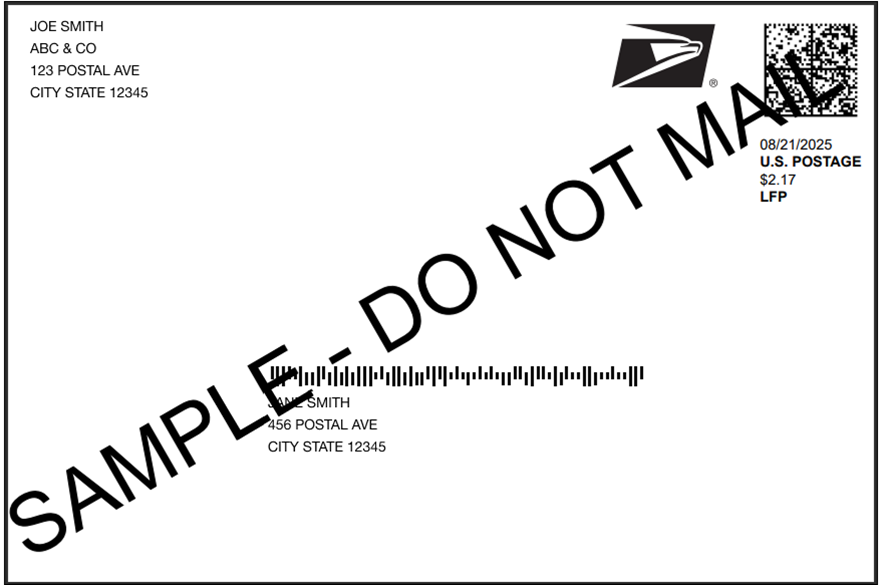 Diagram of an envelope with "SAMPLE - DO NOT MAIL" written diagnollay across the envelope. At the upper right-hand corner of the envelope is the USPS Eagle logo, a QR Code, and the text "08/21/2025 U.S. POSTAGE $2.17 LFP". Above the delivery address just below the center of the envelope is a barcode composed of a series of lines.