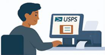Cartoon image of a man, who is the seller" sitting at a desk using a desktop computer. The monitor displays the "USPS" logo with a labeled package underneath it. A printer is next to the monitor and has a paper being printed out.