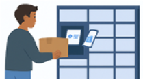 Cartoon image of a man, who is the seller", presenting a package in front of a screen connected to a series of lockers that are large enough to fit a medium sized package. A label is next to the screen.