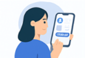 Cartoon image of a woman, who is the buyer, holding a smartphone and touching the screen as if they are selecting an option.