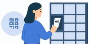 Cartoon image of a woman, who is the buyer, in front of a screen connected to a series of medium packaged-size lockers. She is interacting with the screen.