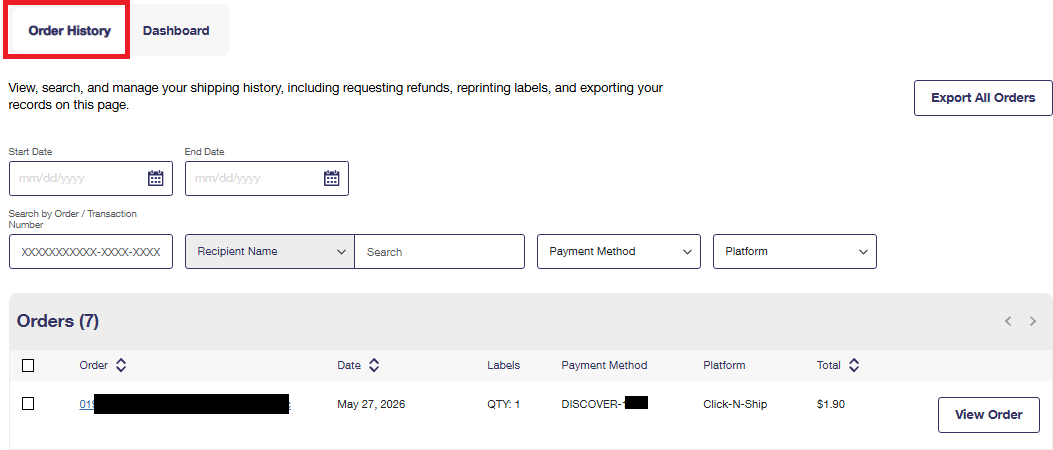 A screenshot of the Click-N-Ship Shipping History, which has emphasis on the "Order History" link. That link is above the paragraph "View, search, and manage your shipping history, including requesting refunds, reprinting labels, and exporting your records on this page." A screenshot of the Click-N-Ship Shipping History, which has emphasis on the "Order History" link. That link is above the paragraph "View, search, and manage your shipping history, including requesting refunds, reprinting labels, and exporting your records on this page."