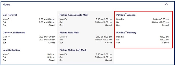 Image of USPS Locations webpage with where to find the PO Box hours shown